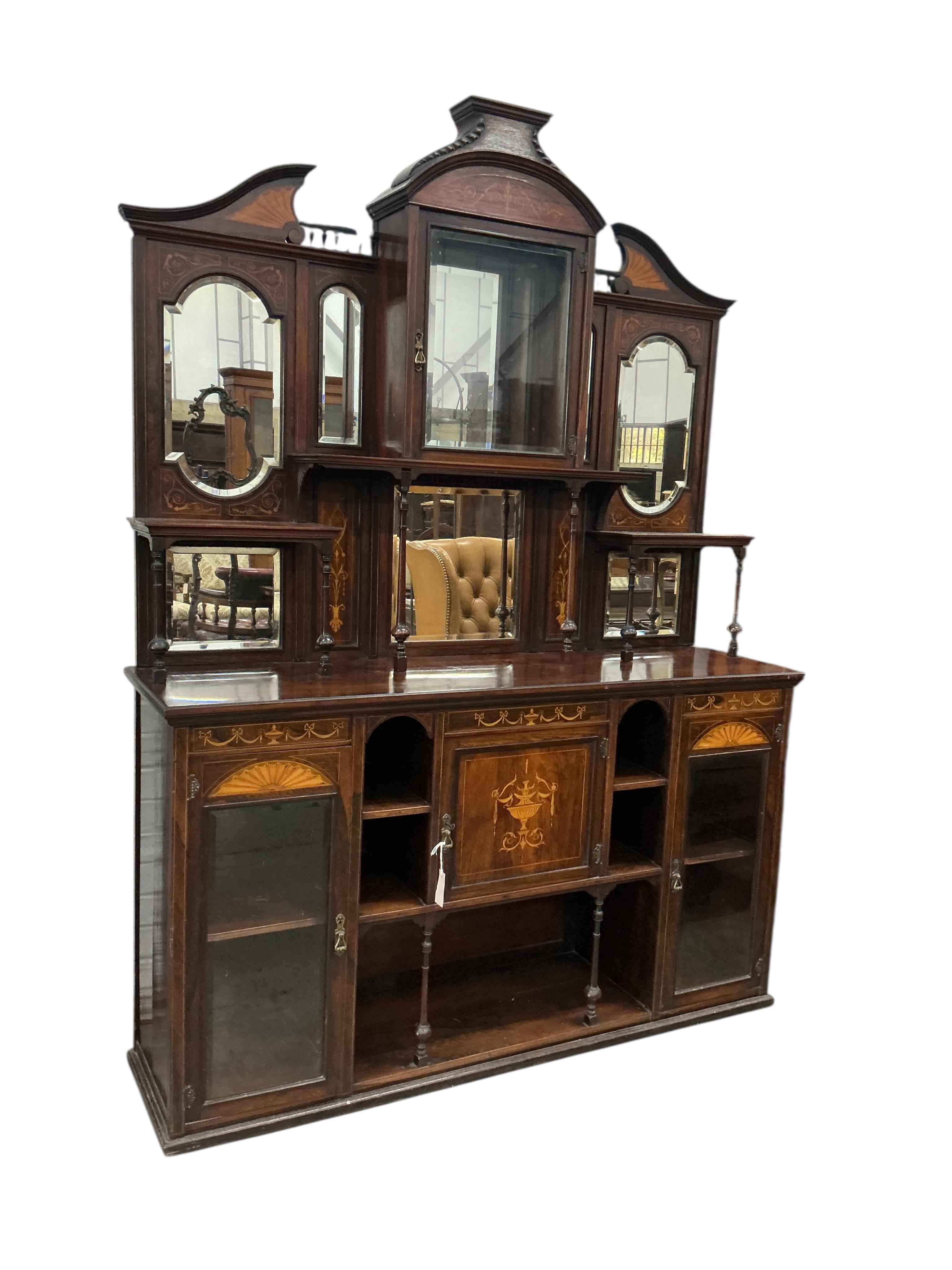 An Edwardian marquetry inlaid rosewood side cabinet, width 153cm, depth 41cm, height 208cm